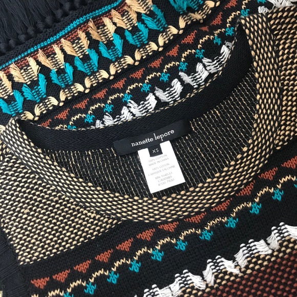 Nanette Lepore l XS Retro Fair Isle Nordic Stretch Knit Fringe Hem Sweater Dress - Picture 10 of 14